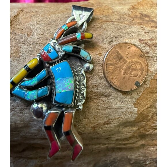 Zuni Kokopelli Inlay Pendant Sterling Silver & Gemstone Tribal Design 2" - Picture 4 of 6